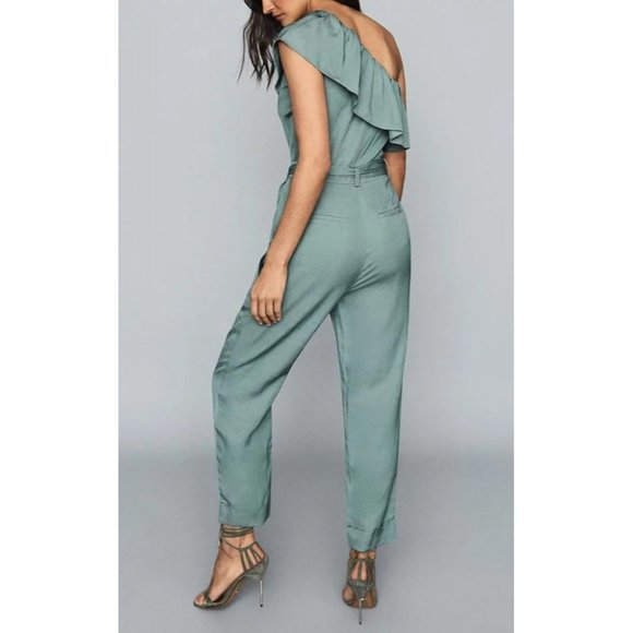 REISS Madeline Ruffled One Shoulder Frill Jumpsuit in Green - NWT - Size 0 - Picture 4 of 5